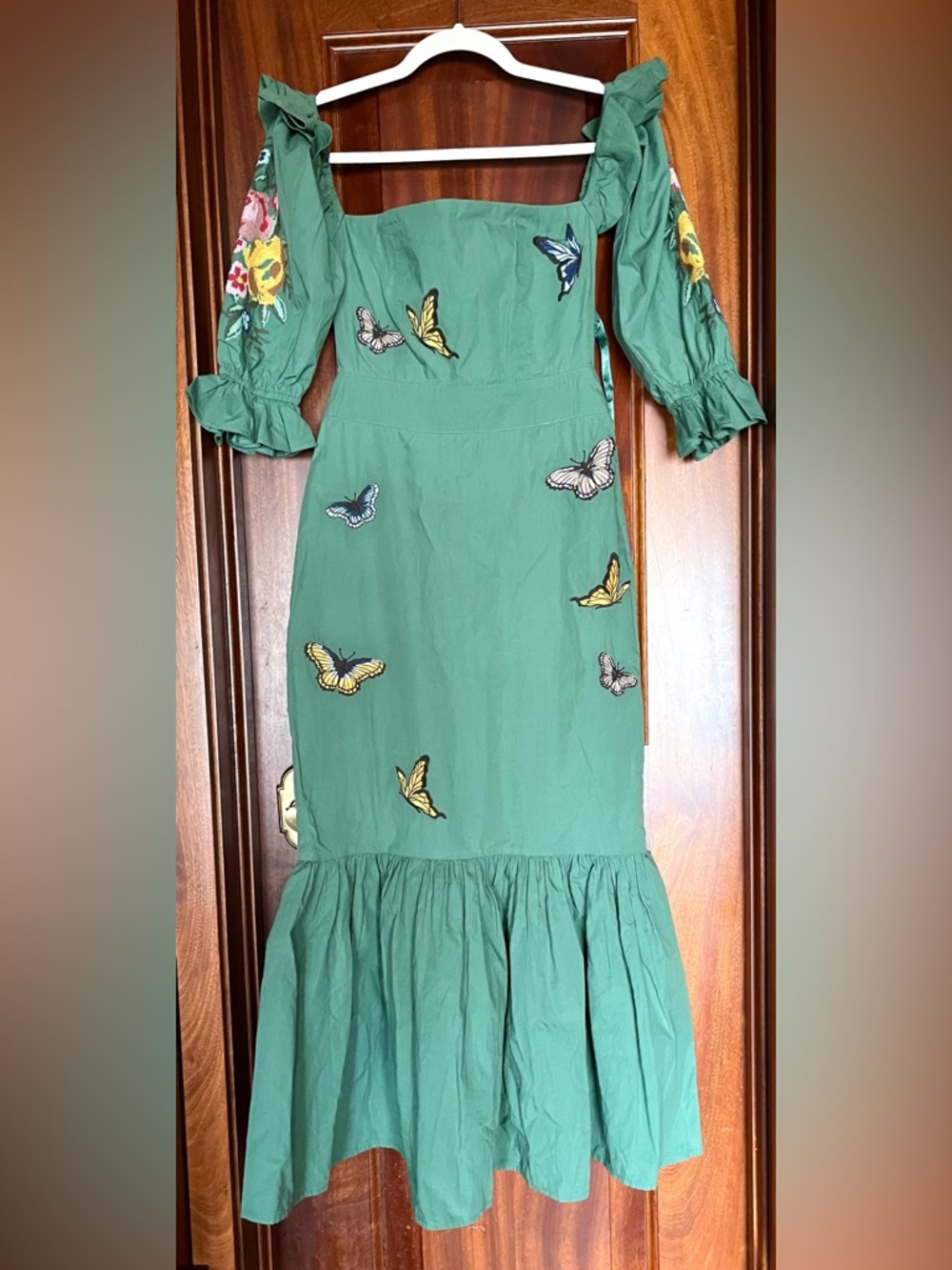 NWT Eddy Maggie Green Embroidered Butterflies Dress Puff Sleeves Cross Stitch XS